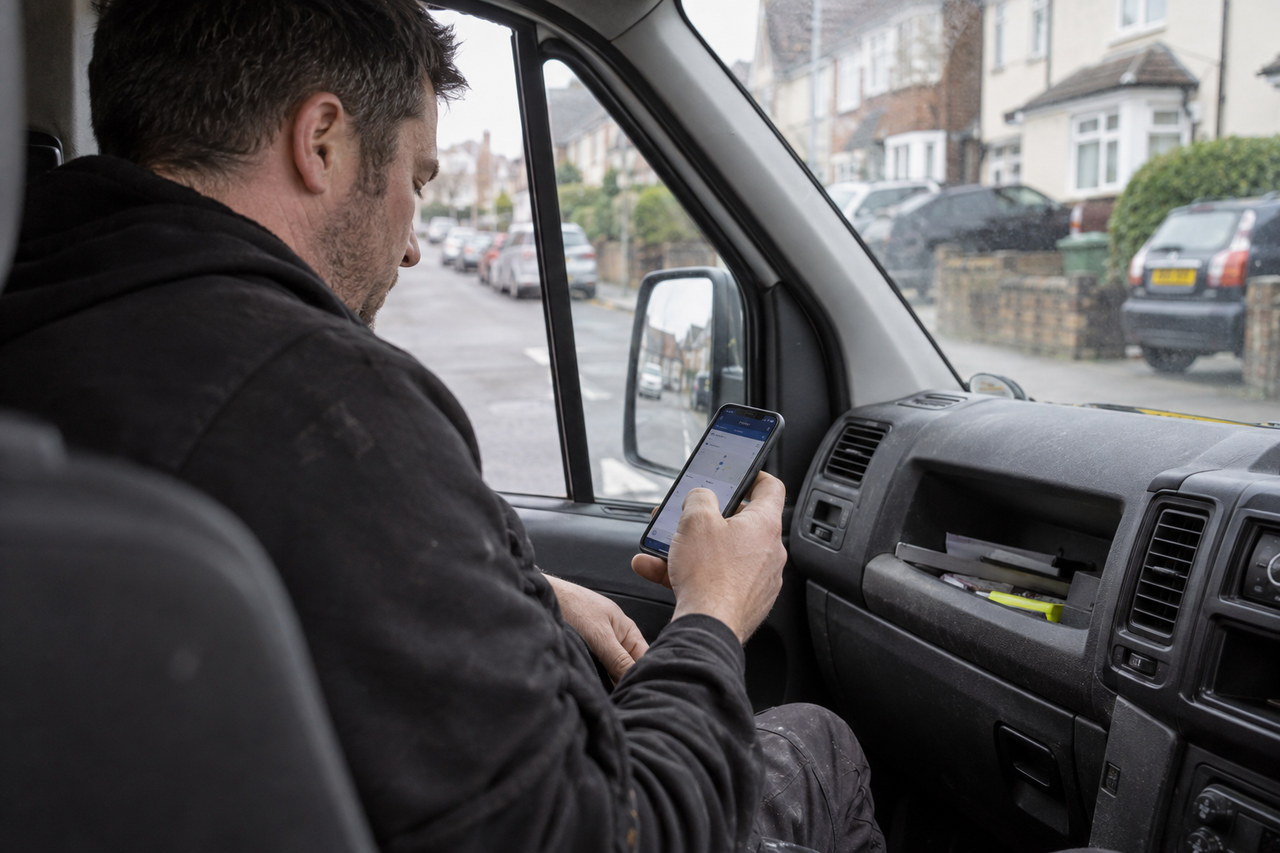 A waste carrier using PaperRoute Lite from the cab of a van